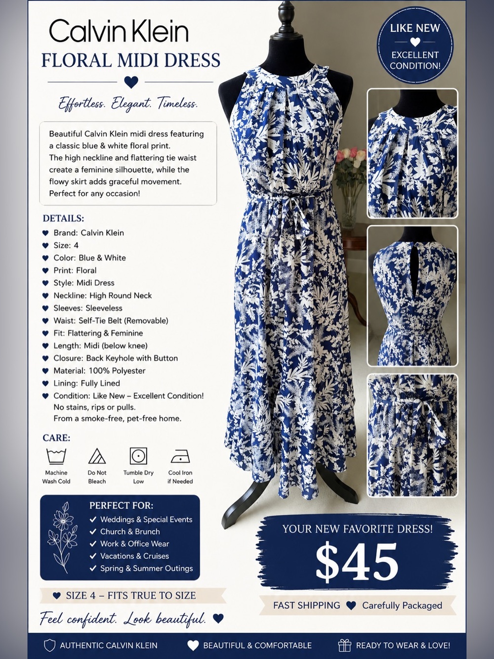 Calvin Klein Blue and White Floral Tie-Waist Midi Dress